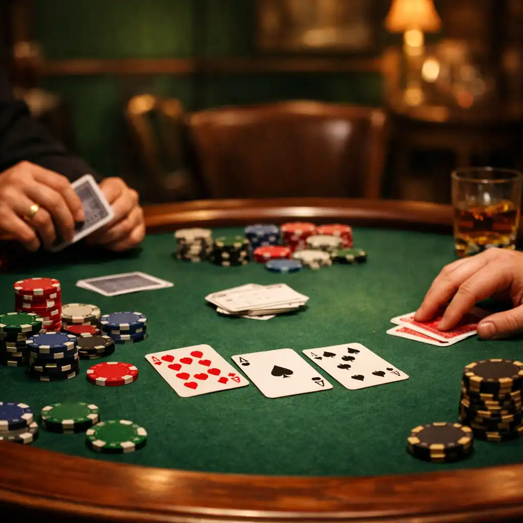 Fizyczny stół pokerowy z kartami, żetonami i dłońmi graczy w A LITTLE TENDERNESS s.r.o.