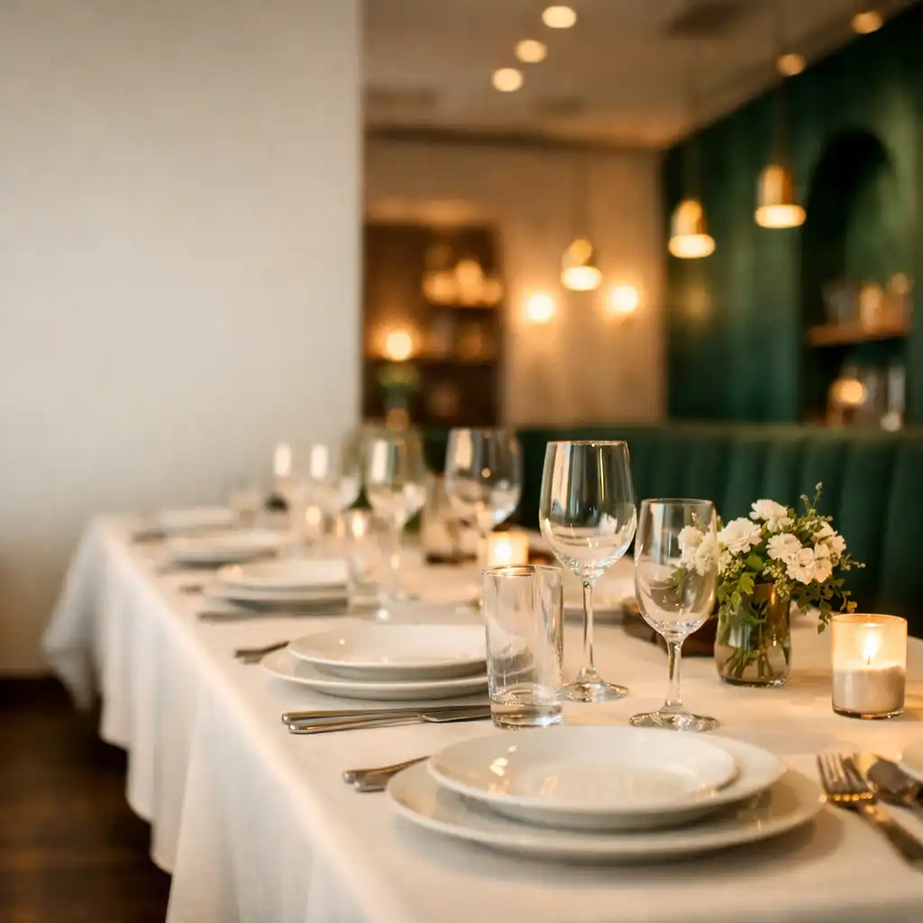 Eleganckie wnętrze restauracji A LITTLE TENDERNESS s.r.o. z długim stołem, porcelanowymi talerzami i kieliszkami, z ciemnozielonymi akcentami ścian