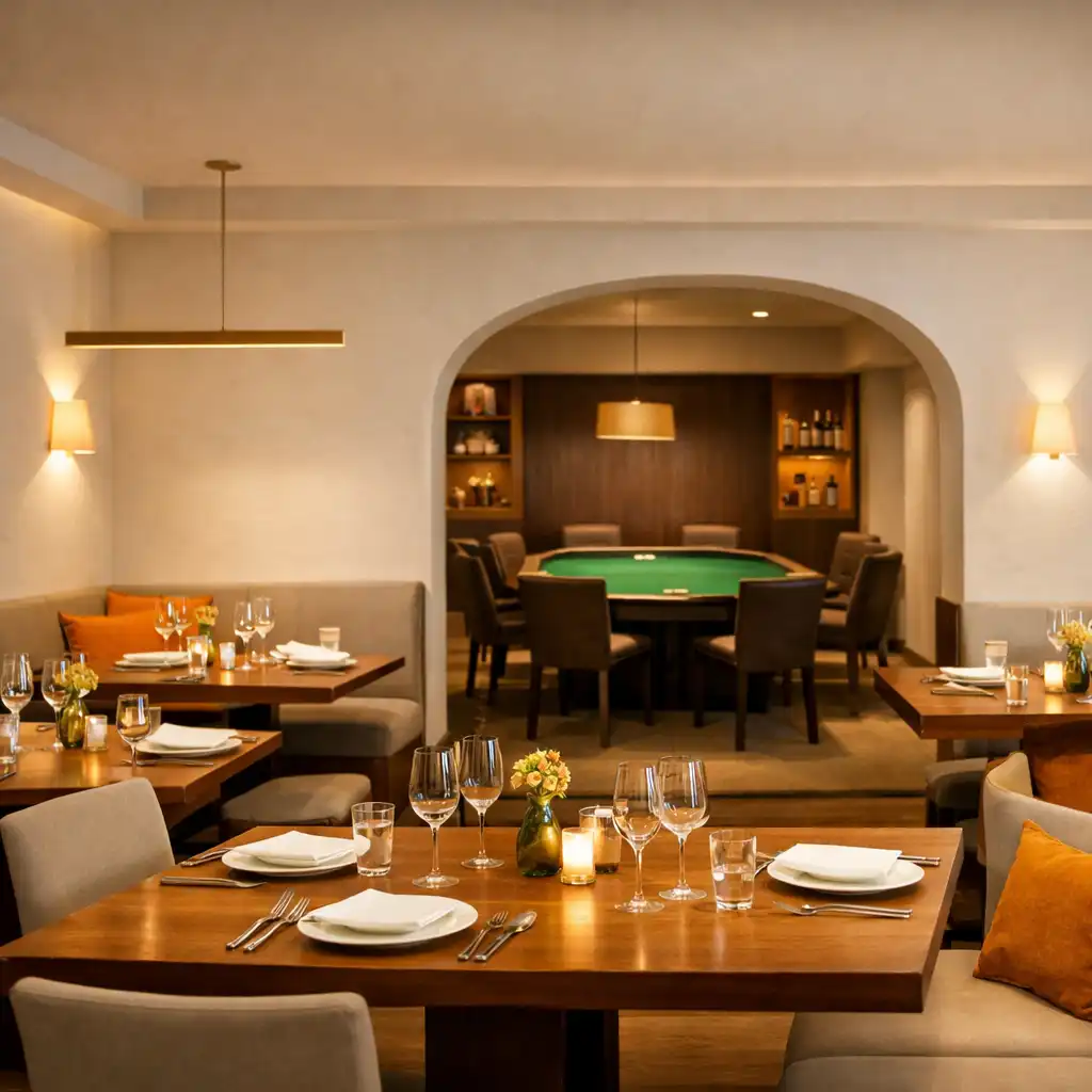 Wnętrze nowoczesnej restauracji z porcelanowymi ścianami, drewnianymi stołami i subtelnymi szafranowymi akcentami, w tle dyskretna strefa gier
